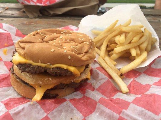 Behold the glory that is the plain double cheeseburger with fries. Oh daddy yes