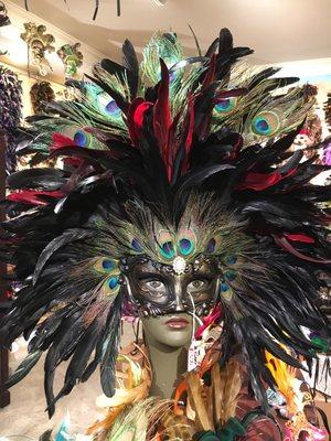 Black&Red rooster tail mask with peacock hand made in our studio/shop