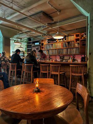 View of the bar and vinyl selection