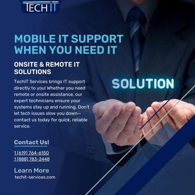 Mobile IT Support in San Diego! Techit Services offers on-site and remote IT solutions to keep your business running smoothly. Contact us