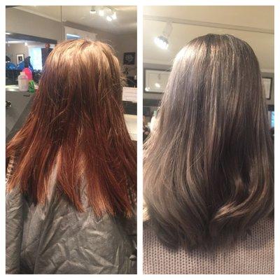 Warm chestnut brown to a steely grey