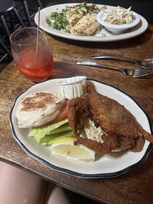 Soft shell crab sandwich and Grilled flounder