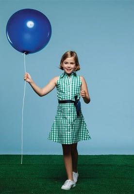 Green and white check cotton shirtdress with navy grosgrain belt.