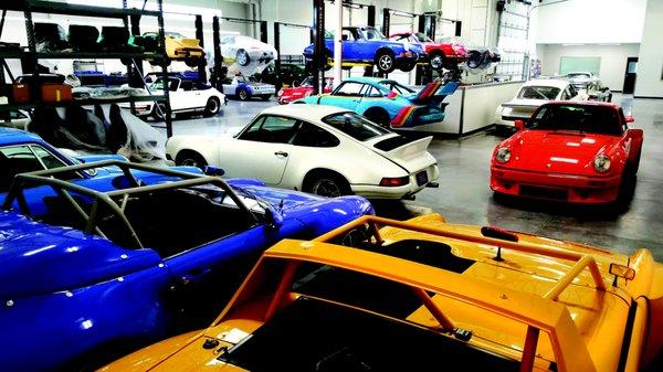 Patrick Motorsports' main bay includes restorations, maintenance, street performance, and track focused builds.