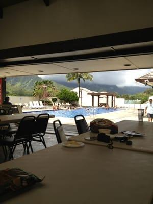 From inside the rec center looking at the pool