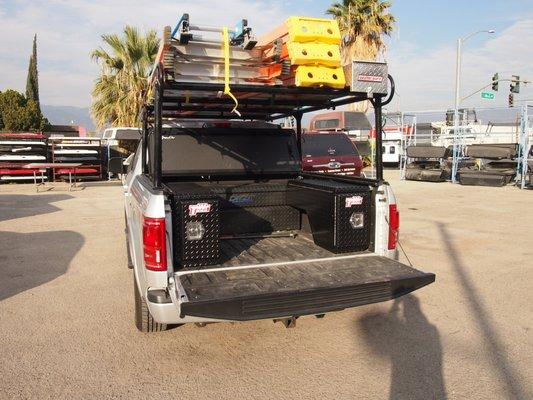 BakFlip MX4 Tri-Fold Cover w/ DeeZee Chest Tool Box, a pair of Taylor Wings Porkchop Tool Boxes & a Full Lumber Rack w/ Conduit Carrier