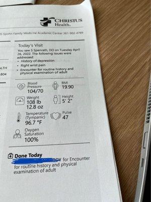 I thought it was so cool to see and have my own copy of my vitals the day of the visit and everything me and the doctors addressed!