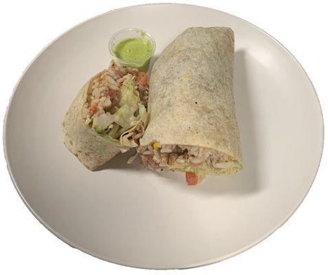 burrito made on a 12 inch tortilla, Includes Rices, beans, mozzarella cheese, sour cream Chicken and/or steak lettuce, chimol.