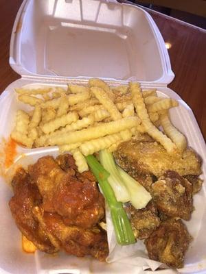 Mild wings & Parmesan garlic wings plus fries w/ seasoned salt.