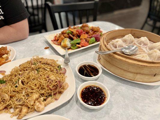 Chicken Chow Mein, General Chicken, and Pork Soup Dumplings