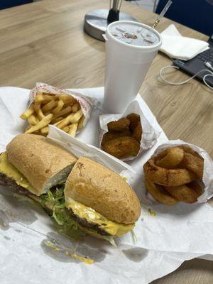 Jalapeño poppers, onion rings, cheeseburger poboy combo