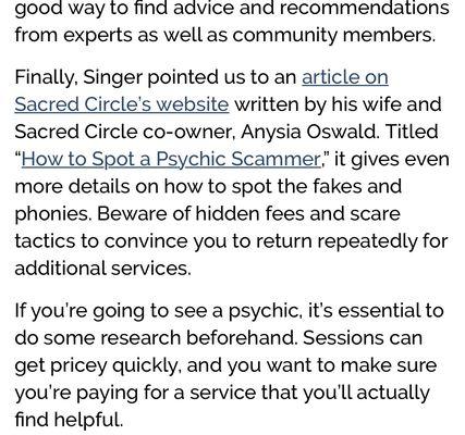 Article written on what you should watch out on with scamming psychics