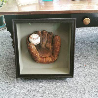 Vintage Baseball and Glove, shadowboxed.