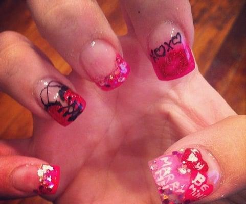 Valentines nails by Angela. :) Conversation hearts, lips & corset. Favorite set so far!