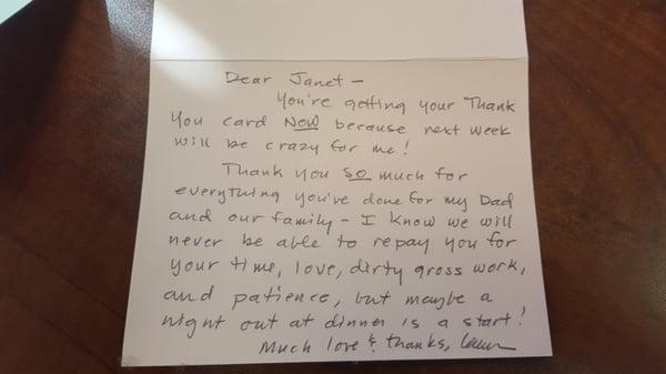 Thank you notes from a client that needed information on how to handle the property after her parents had a Reverse Mortgage