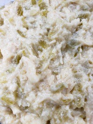 Overwhelming mayo, but tasty chicken salad with celery.