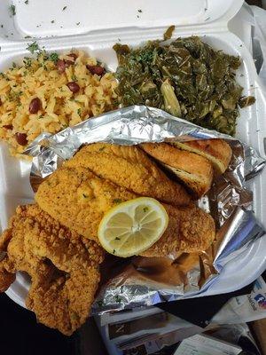 Fried Fish, peas & rice, collard greens, garlic bread