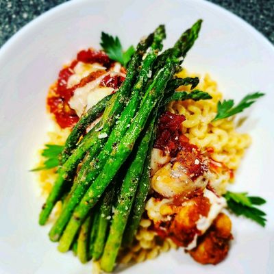 Shrimp Parmesan w/ roasted asparagus