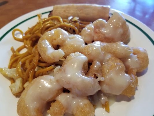 Coconut shrimp, noodles, and spring roll.