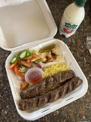 Lamb kebab plate with duke mint soda.