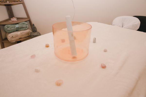 Sound Bowl with crystals on our Reiki table