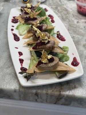 Foie Gras Blackberry Jam, 24Kt Gold Leaf Crisp Wontons