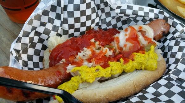 Half pound polish kielbasa ($9.25): with the works, deli mustard, ketchup, habanero tabasco