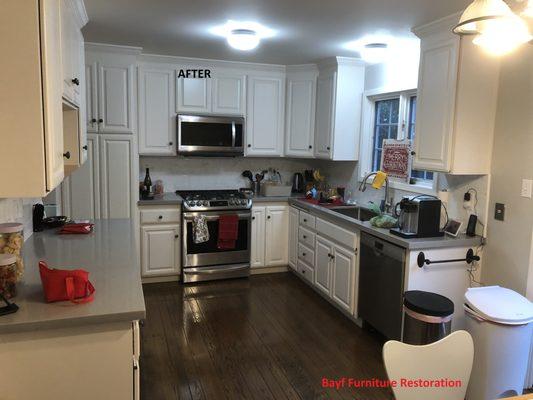 and after picture, we did the kitchen counter tops, new tile and modifications to a cabinet to add a new stove