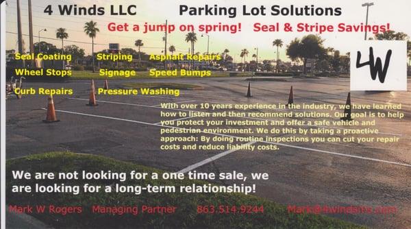 Parking Lot Solutions. Asphalt Repairs, Seal, Stripe,