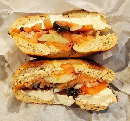 Lox, Bagel, and Cream Cheese: Nova Lox, Cream Cheese, Capers, Onions, Tomatoes, Everything Bagel ($10.95)