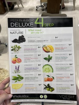 Different types of 4 Step Box Pedicure and prices 7/2021 (these are nice fragrances for foot soak and lotions)