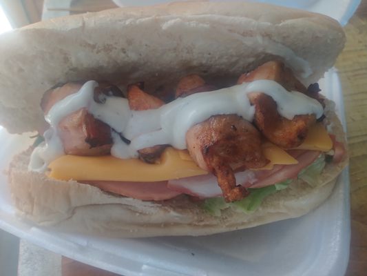 Chicken Condor Blue
Chicken , ham, lettuce, pico de Gallo . Cream Italian dressing or BBQ sauce 
$7.99