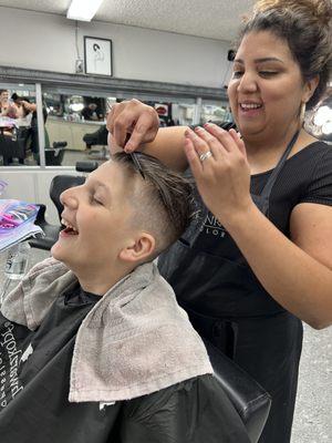 Getting ready for his curls (Yaneth is such a beautiful family person, she connected so easily with my son since the first time we met her.)