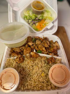 Chicken hibachi takeout  Comes with yum yum sauce, soup, and salad  Delicious!!