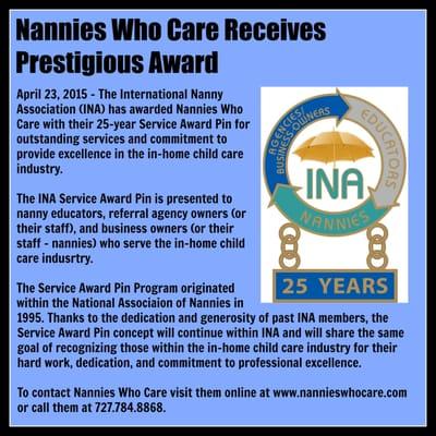 Nannies Who Care Receives Prestigious Award