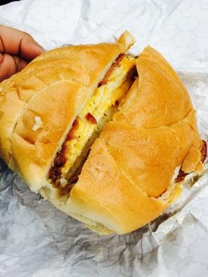 Turkey bacon, egg and cheese on a roll.