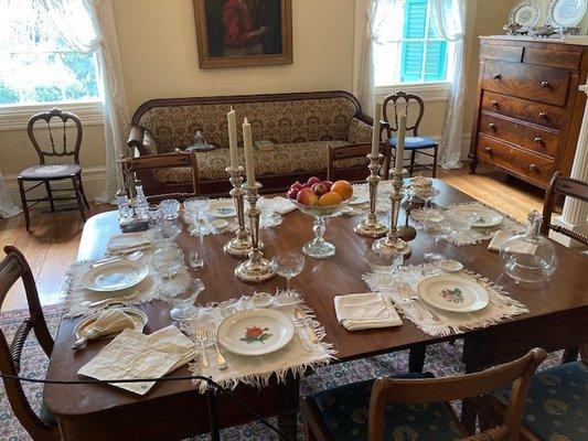 The dining room at Barrington Hall. The table is set with artifacts owned by generations of the King family.