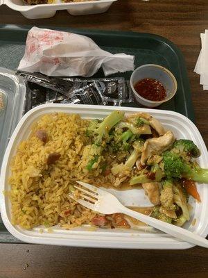 Chicken and broccoli dinner combo with a side of chili oil