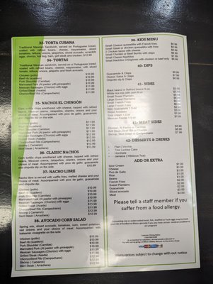 Last page of the menu