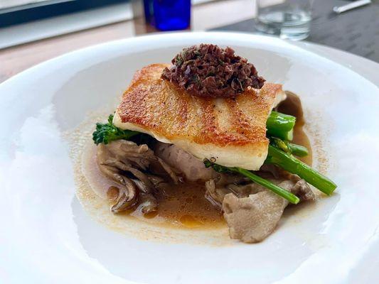 Pan seared Chilean sea bass | hen of the woods mushroom | broccolini | lobster fumet