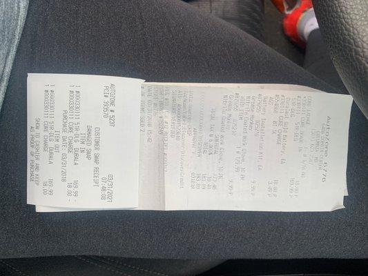 Receipt from original battery purchase in Columbia ... receipt for 3 year warranty swap!   Battery and core charge covered !!