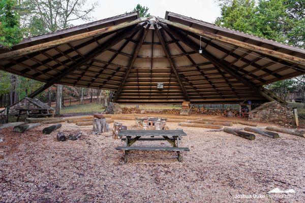 Our pavilion is a great place to gather around the campfire at night!