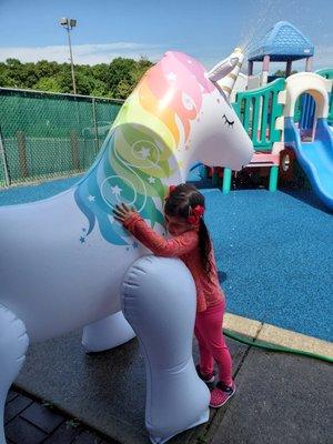 We LOVE our giant Unicorn Sprinkler for Summer Camp