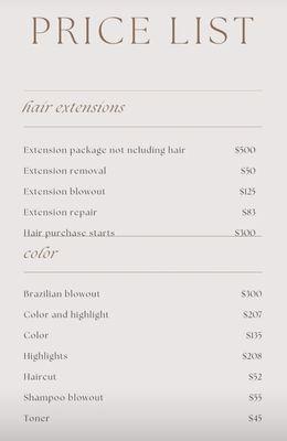 Price list for services