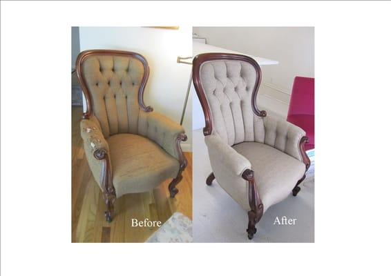 We repaired the broken leg & upholstered this vintage chair.