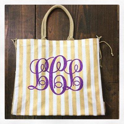 Personalized bag with purple vinyl glitter lettering. Takes a few days or there are options to rush it for additional charge.