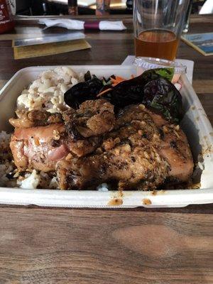 Shoyu chicken lunch plate with rice, salad, and macaroni salad. Yum!!