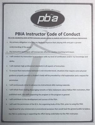 PBIA, Professional Billiard Instructors Association Code of Conduct.