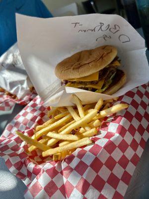 Double back cheeseburger with shoestring-cut fries