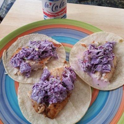 Fish tacos with Purple Pineapple Slaw